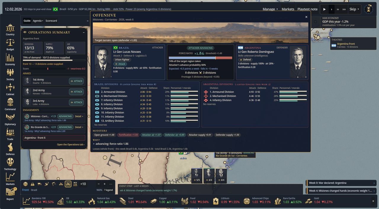 In-game battle card: two commanders, terrain strip, force ratio, divisions on each side and modifiers.