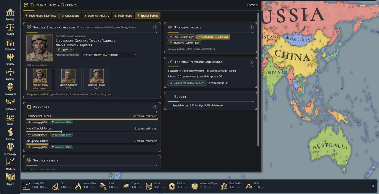 In-game special forces command screen: commander, branches, training policy and pipeline.