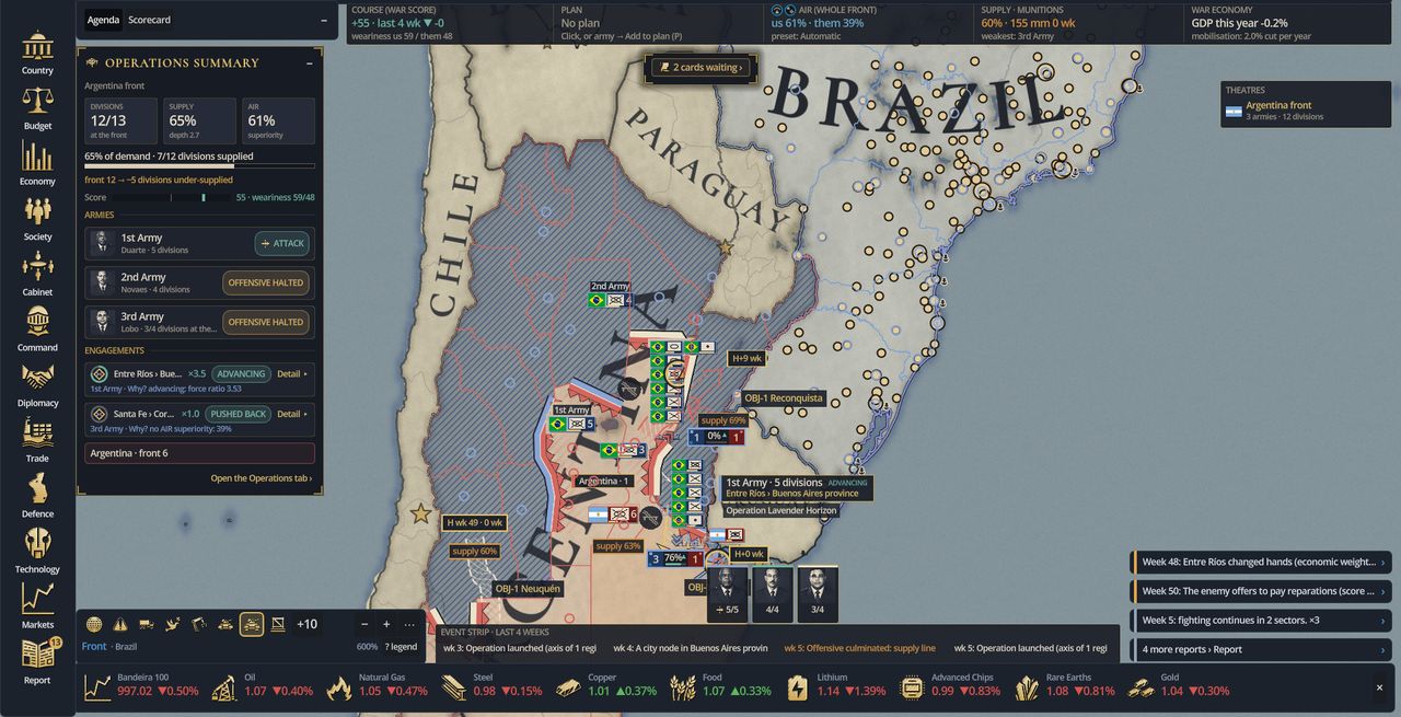 In-game war map: armies, front lines, objectives and the Operations Summary panel on a campaign front.